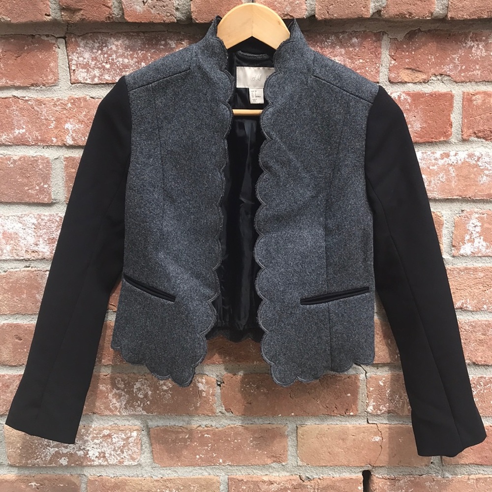 H&M Gray and Black Wool Blend Scallop Jacket